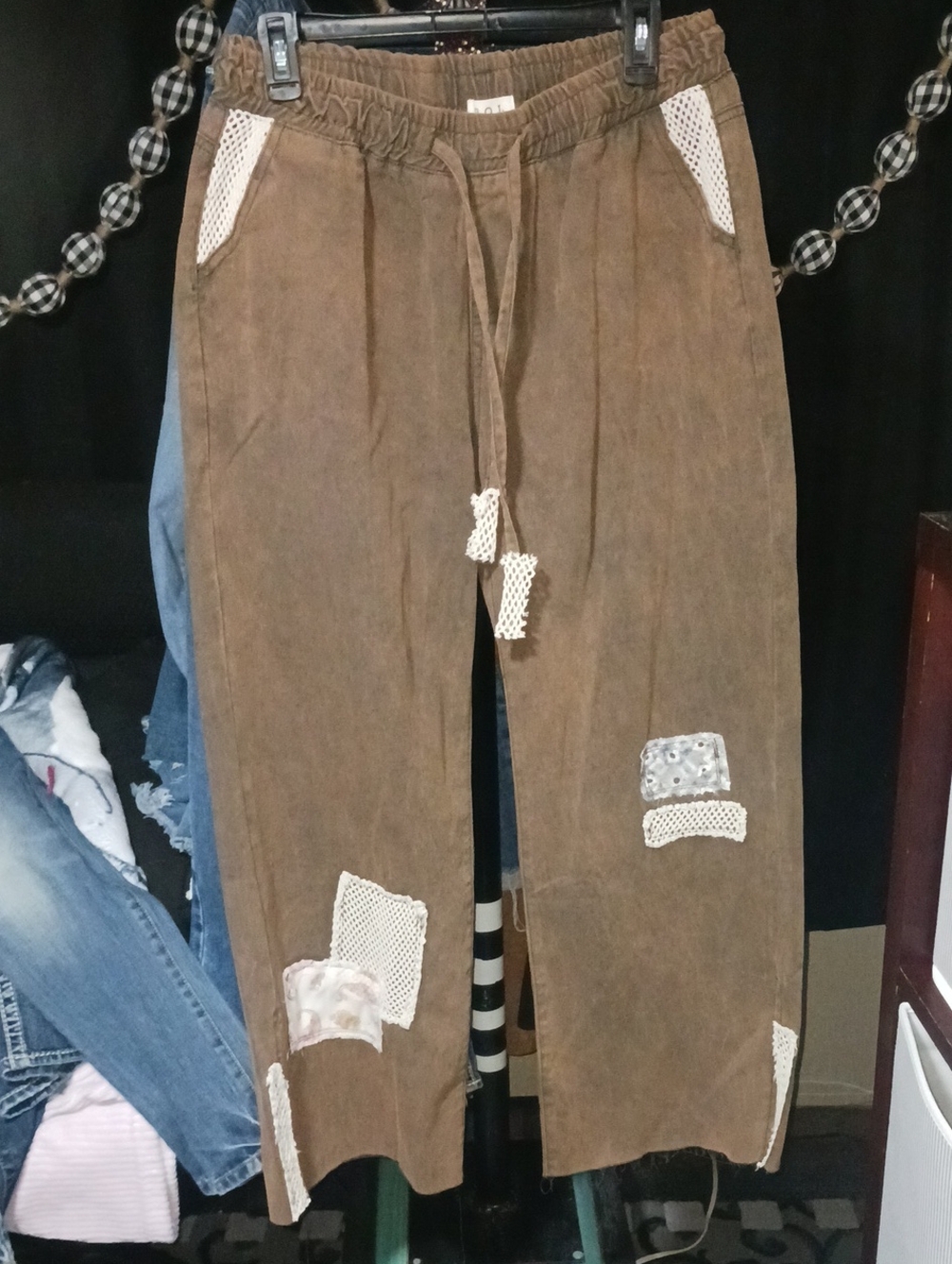 POL Brown patchwork Drawstring Pants with White Mesh Accents